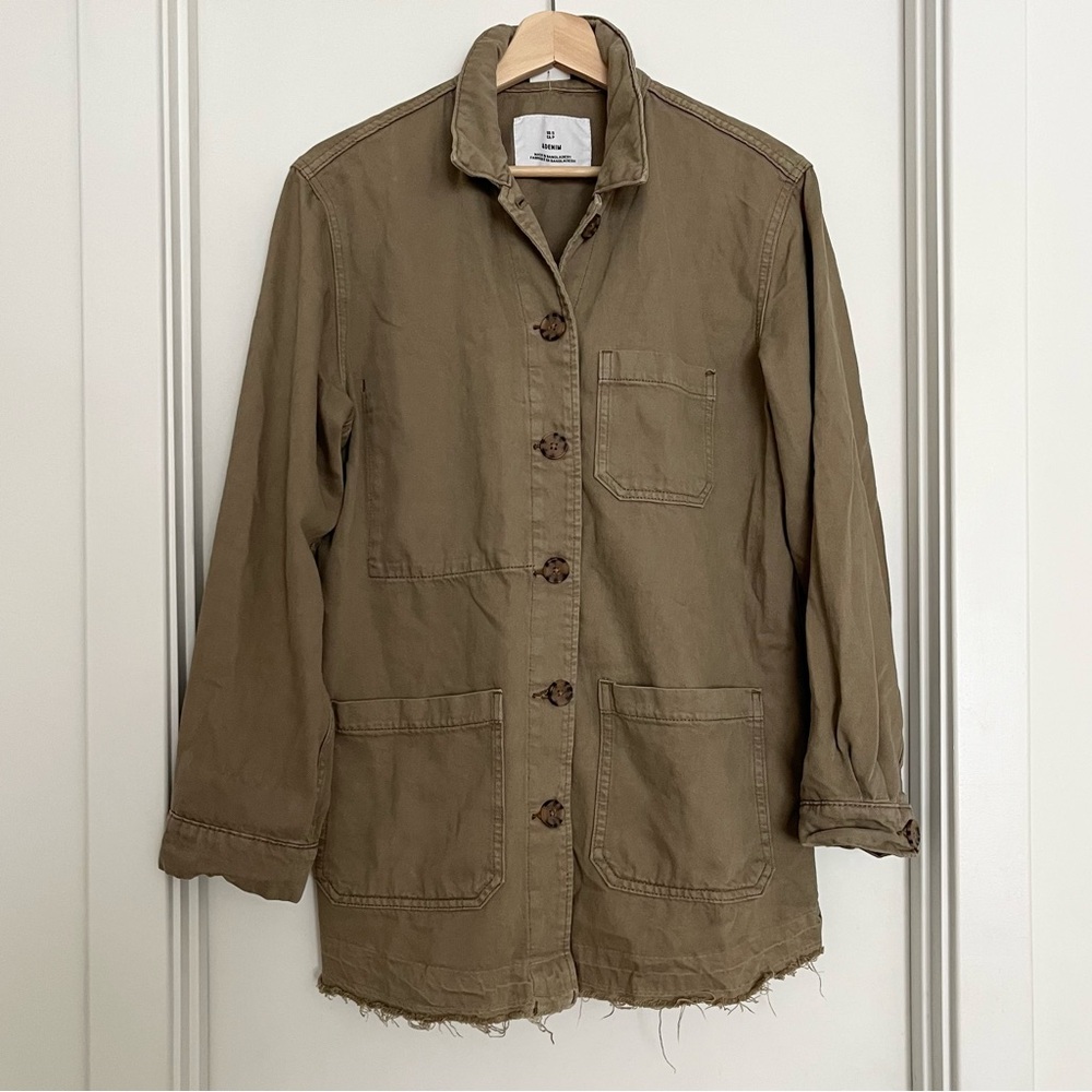 &Denim Women's Army Green Utility Jacket Size S Oversized Raw Hem Grunge Casual